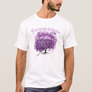 Groomsman Paars Heart Leaf Tree Wedding T-shirt