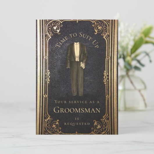 Groomsman Proposal Elegant Gold Black Suit Kaart (Staand voorkant)