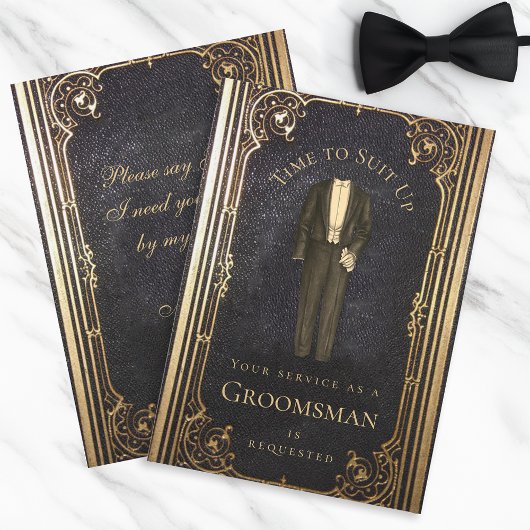  Groomsman Proposal Elegant Gold Black Suit Kaart