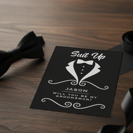 Groomsman Proposal Suit Up Tuxedo Bowtie Black Informatiekaartje