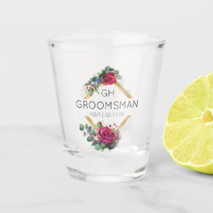 Groomsman Red Rose Wedding Date Monogramed Shot Glas
