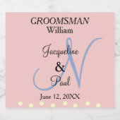 Groomsman Soft Roos Blue Monogram Sparkling Wijnetiket (Enkel label)