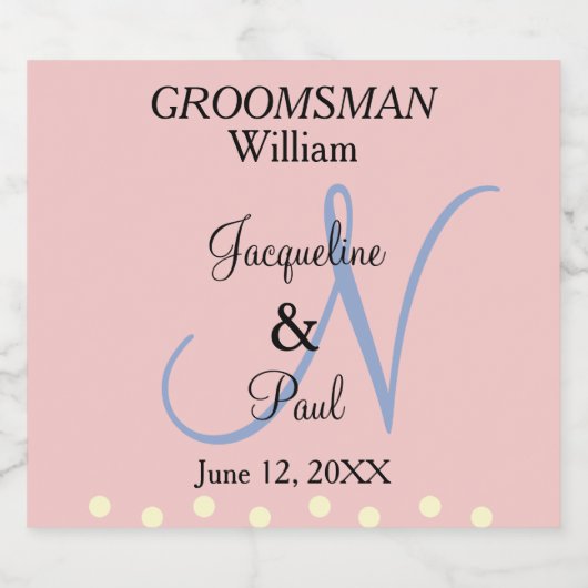 Groomsman Soft Roos Blue Monogram Sparkling Wijnetiket (Enkel label)