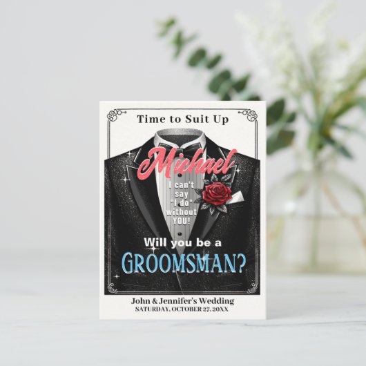 Groomsman Tuxedo Invitation Suit omhoog Briefkaart (Staand voorkant)