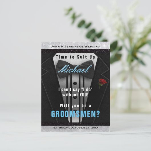 Groomsman Tuxedo Invitation Suit omhoog Briefkaart (Staand voorkant)