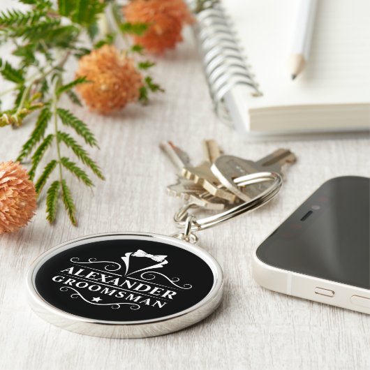 Groomsman Tuxedo Stropdas Black Premium Round Sleutelhanger (Zijkant)