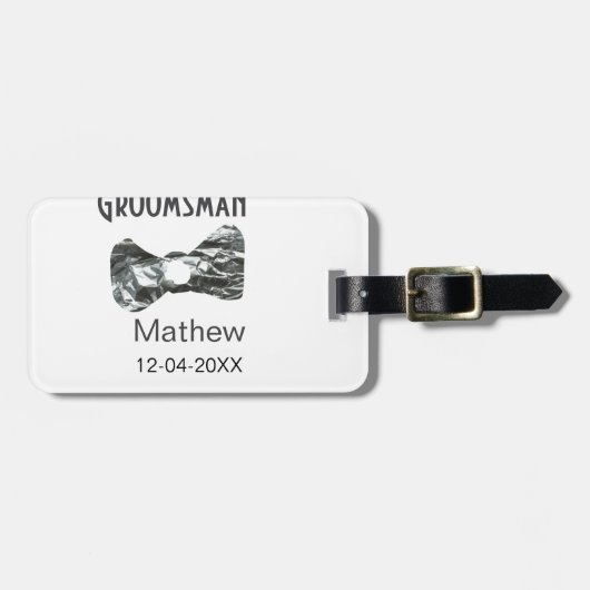 Groomsman voeg naam datum jaar grijze kraag boog t bagagelabel (Voorkant horizontaal)