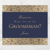 Groomsman voorstel Elegant Navy Blauw Goud Rozen Sparkling Wijnetiket (Enkel label)