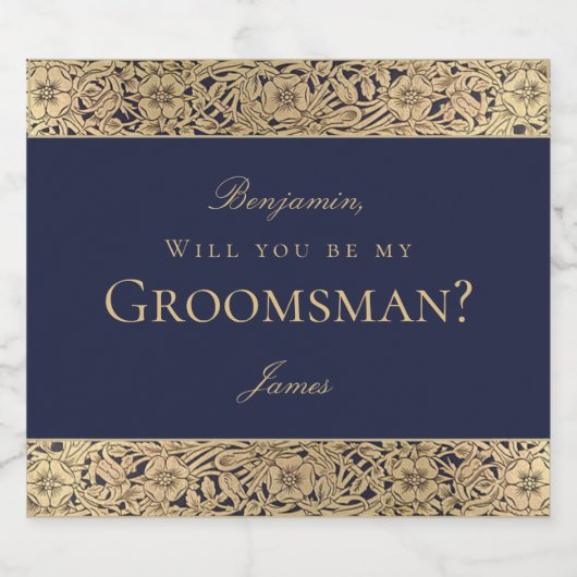 Groomsman voorstel Elegant Navy Blauw Goud Rozen Sparkling Wijnetiket (Enkel label)