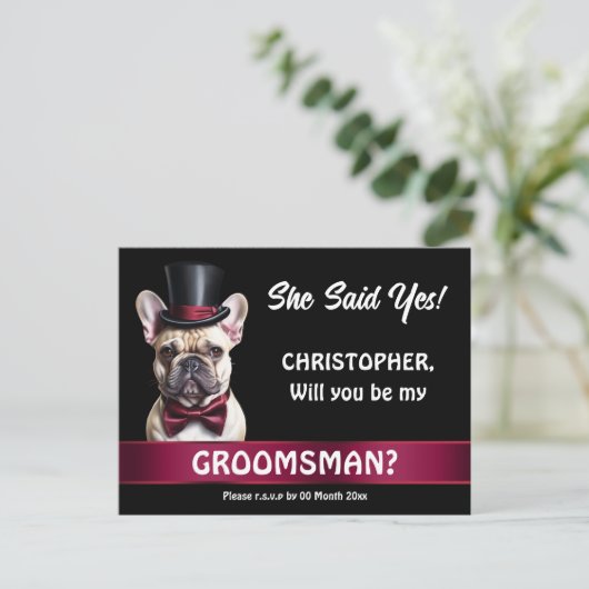 Groomsman voorstel franse bulldog huisdier smoking briefkaart (Staand voorkant)