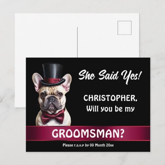 Groomsman voorstel franse bulldog huisdier smoking briefkaart (Voorkant / Achterkant)