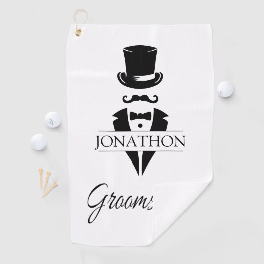 Groomsmen Black Tuxedo Top Hat Mustache Golfhanddoek (Insitu)