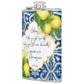 Groomsmen geschenken gunsten blauw tegels citroen  heupfles (Links)