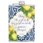 Groomsmen geschenken gunsten blauw tegels citroen heupfles (Voorkant)