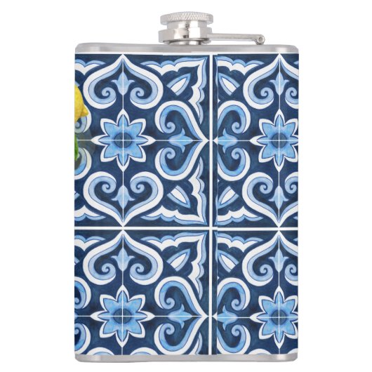 Groomsmen geschenken gunsten blauw tegels citroen heupfles (Achterkant)