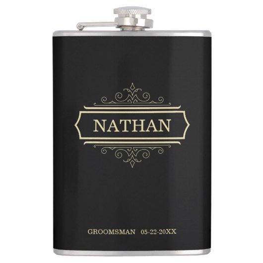 Groomsmen Gift Personalized Flask Black Gold Name Heupfles (Voorkant)