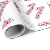 Groot 11e meisje roze bloemen groene olievlek cadeaupapier (Rol Hoek)