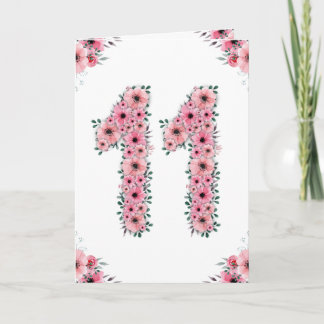 Groot 11e verjaardag meisje roze bloemen groene ol kaart