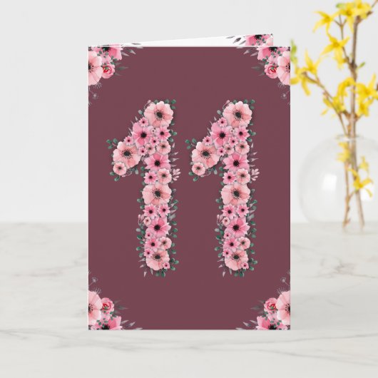 Groot 11e verjaardag Roze bloemen groen olievlek m Kaart (Gele Bloem)