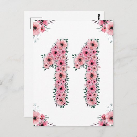 Groot 11e verjaardag Roze bloemen meisje Groene ol Briefkaart (Voorkant / Achterkant)