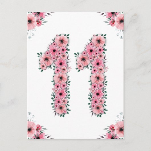 Groot 11e verjaardag Roze bloemen meisje Groene ol Briefkaart (Voorkant)