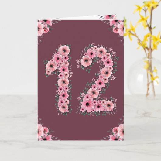 Groot 12e verjaardag Roze bloemen Groen olievlek m Kaart (Gele Bloem)
