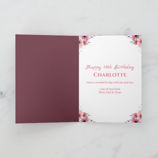 Groot 13e verjaardag Roze bloemen Groene olievlek  Kaart (Binnen)