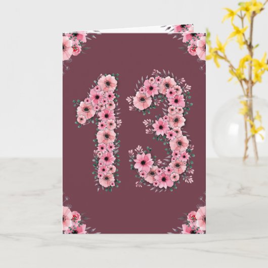 Groot 13e verjaardag Roze bloemen Groene olievlek  Kaart (Gele Bloem)