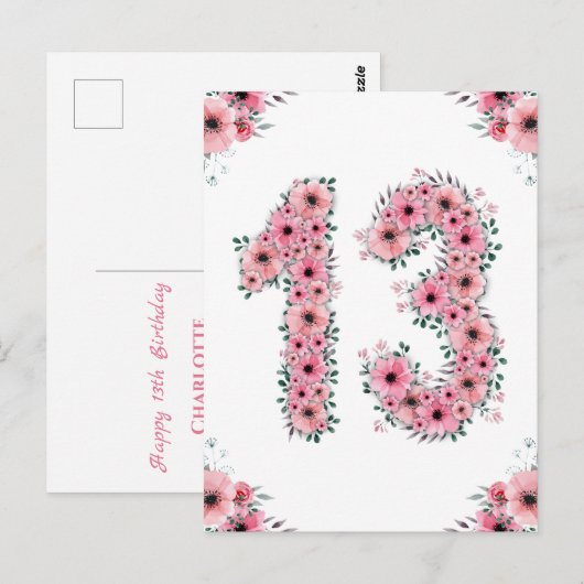Groot 13e verjaardag Roze bloemen meisje Groene ol Briefkaart (Voorkant / Achterkant)