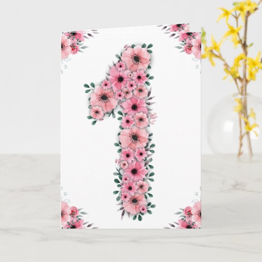 Groot 1-jarig Roze bloemen Groene olievlek meisje Kaart (Gele Bloem)