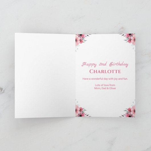 Groot 2e verjaardag Roze bloemen Groene olievlek m Kaart (Binnen)