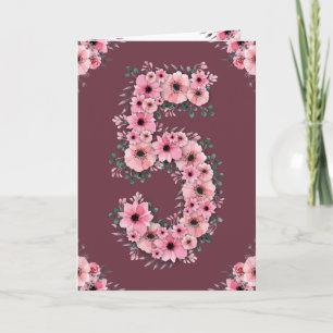 Groot 5e verjaardag Roze Flowers Green Foliage Gir Kaart