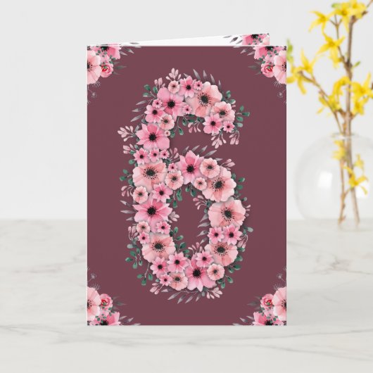 Groot 6e verjaardag Roze bloemen Groene olievlek m Kaart (Gele Bloem)