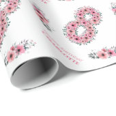 Groot 8-jarig meisje roze bloemen groene olie cadeaupapier (Rol Hoek)