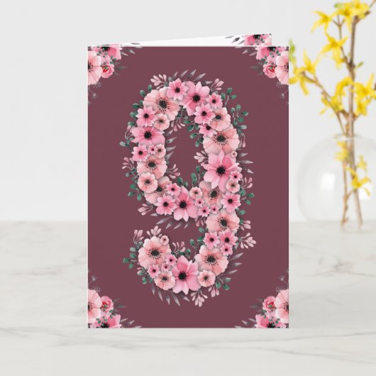 Groot 9e verjaardag Roze bloemen Groene olievlek m Kaart (Gele Bloem)