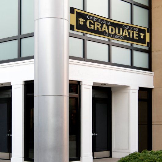 Groot Afstuderen in openlucht - zwart/goudbanner Spandoek (Buitenkant Gebouw)