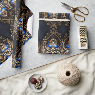 groot blauw en gouden steampunk harten patroon cadeaupapier