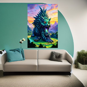 Groot blauw fantasiewezen AI Art Poster