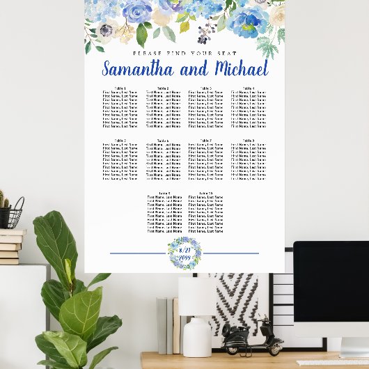 Groot blauw Hydrangea 10-tabel Zitkaart Poster (Thuiskantoor)