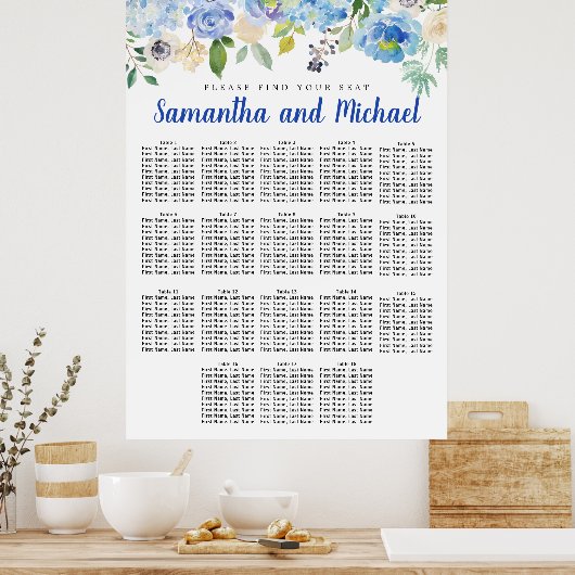 Groot blauw Hydrangea 18-tabel Zitkaart Poster (Keuken)