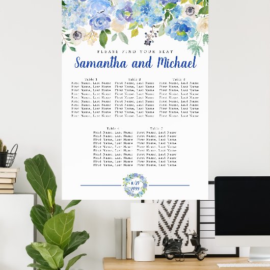 Groot blauw Hydrangea - 5-tabel Zitkaart Poster (Thuiskantoor)