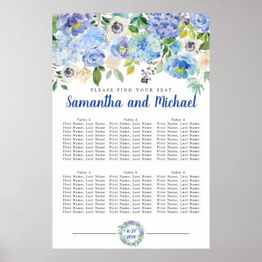 Groot blauw Hydrangea 6-tabel Zitkaart Poster (Voorkant)