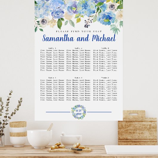 Groot blauw Hydrangea 6-tabel Zitkaart Poster (Keuken)