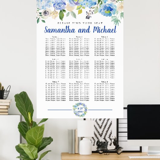 Groot blauw Hydrangea 9-tabel Zitkaart Poster (Thuiskantoor)