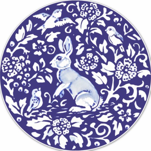 Groot Blauw Wit Konijnenmuurdecor Floral Delft Sticker (Voorkant)