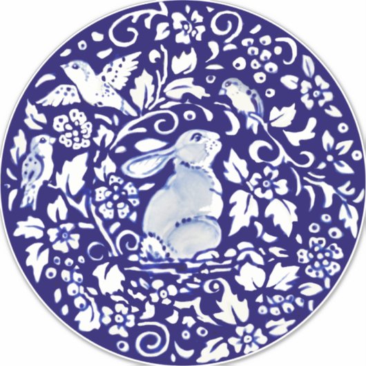 Groot Blauw Wit Konijnenmuurdecor Floral Delft Sticker (Voorkant)