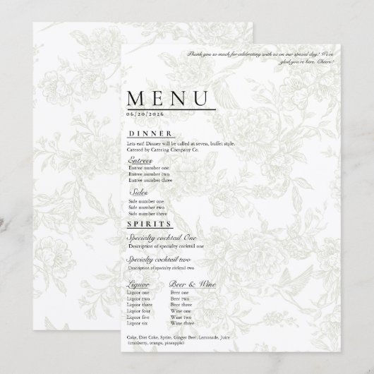 Groot Bloemig Trouwmenu Menu (Voorkant / Achterkant)