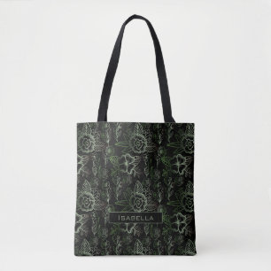 Groot bloesem groen gepersonaliseerde naam tote bag