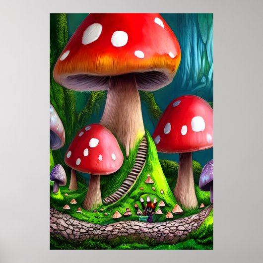 Groot bos met rode paddenstoelen | AI Art Poster (Voorkant)