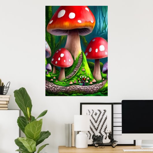 Groot bos met rode paddenstoelen | AI Art Poster (Thuiskantoor)